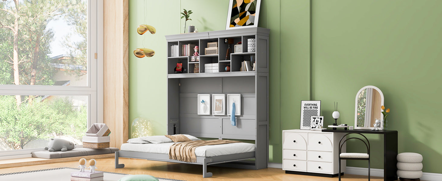 Queen Size Murphy Bed Wall Bed With Top Shelves & Usb,Gray Queen Gray Plywood