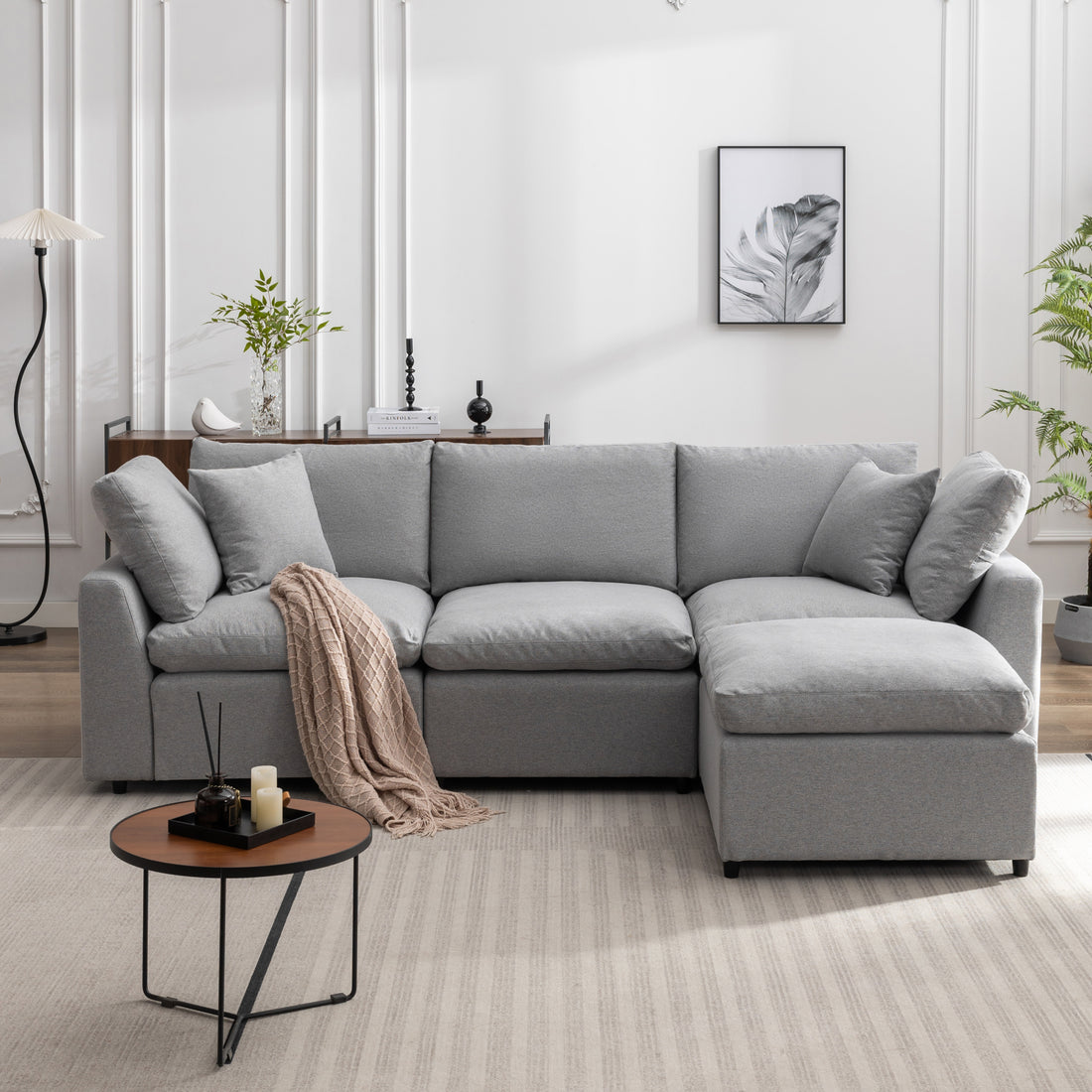 Down Filled Upholstery Convertible Sectional Sofa, L Shaped Couch With Reversible Chaise Light Gray Polyester 4 Seat