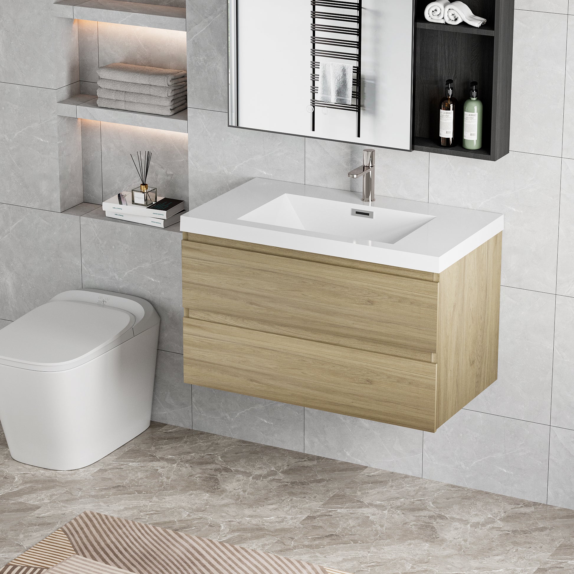 36" Floating Bathroom Vanity With Sink, Modern Wall Mounted Bathroom Storage Vanity Cabinet With Resin Top Basin And Soft Close Drawers, Natural Oak 24V11 36No 2 Oak Bathroom Wall Mounted Mdf