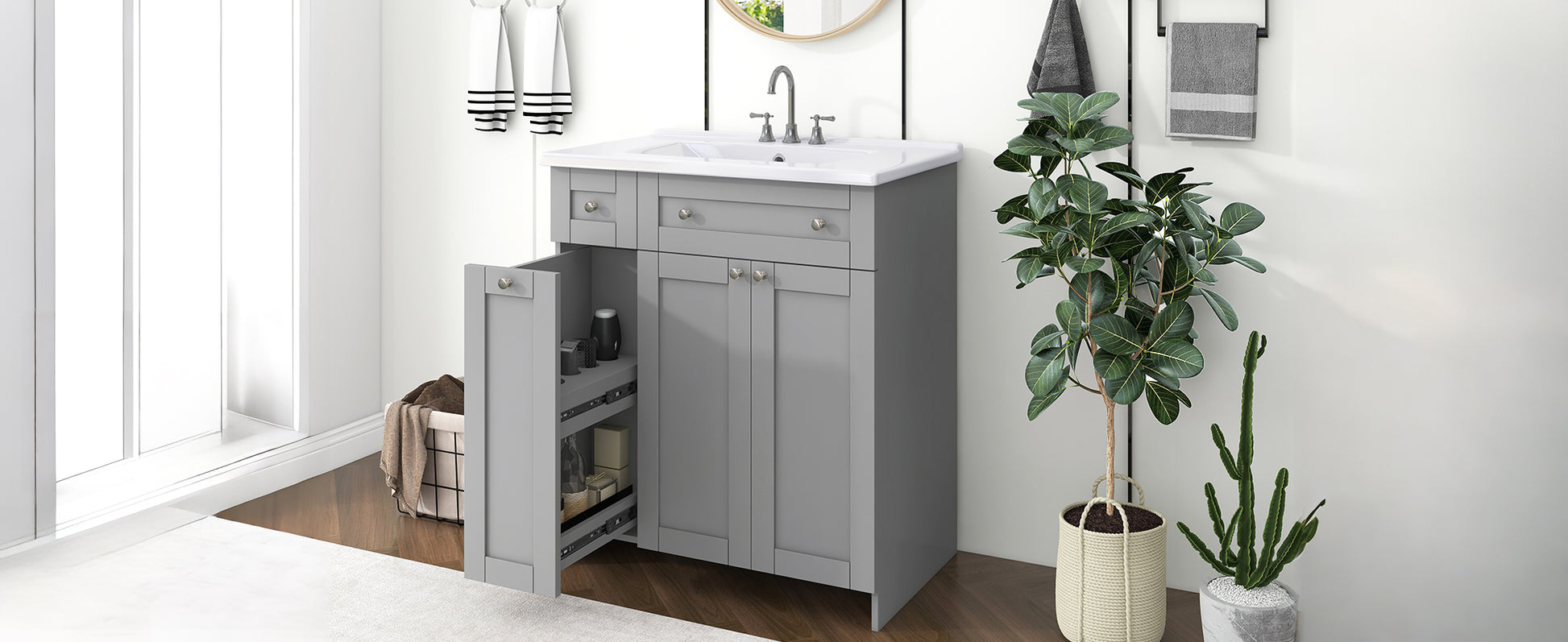 30 Inch Grey Bathroom Vanity With Ceramic Sink Combo, Abundant Storage Cabinet 2 Soft Close Doors And Double Tier Deep Drawer Grey Bathroom Mdf