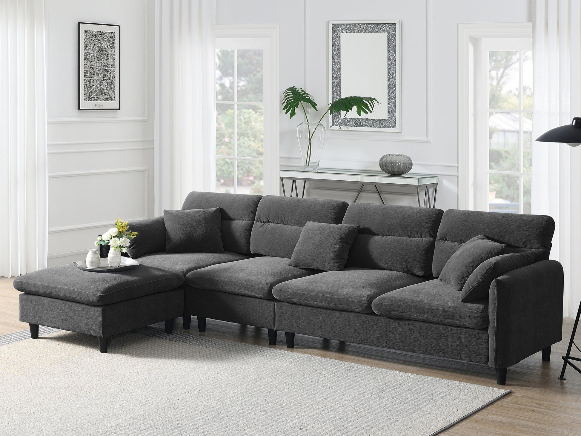 110*62" Modern Convertible Sectional Sofa,L Shaped Reversible Couch Set With Free Pillows,5 Seat Cloud Chenille Indoor Furniture With Ottoman For Living Room,Apartment,3 Colors Gray Chenille 5 Seat