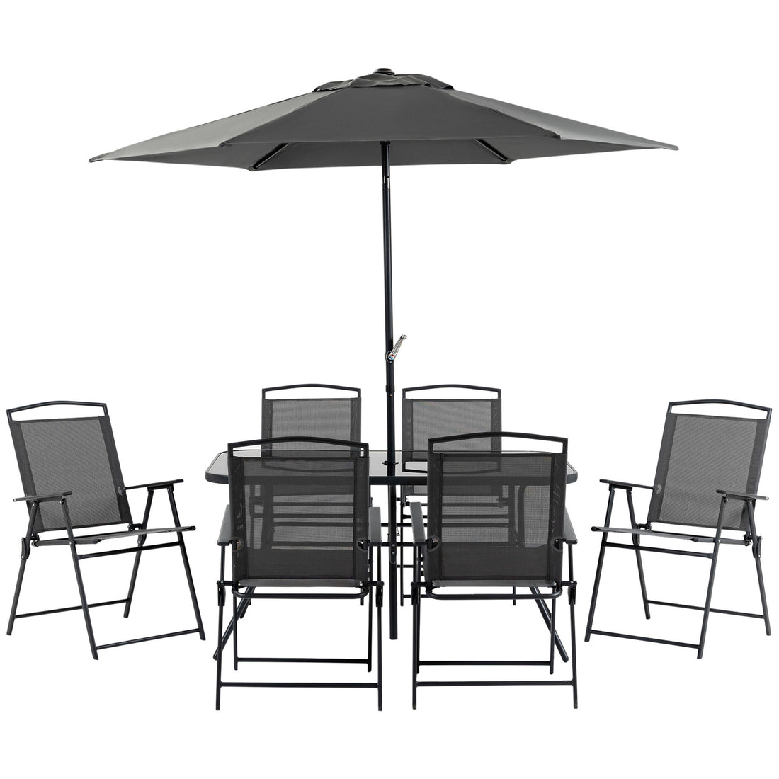 Outsunny 8 Piece Patio Dining Set With Table Umbrella, 6 Folding Chairs And Rectangle Dining Table, Outdoor Patio Furniture Set, Black Black Metal