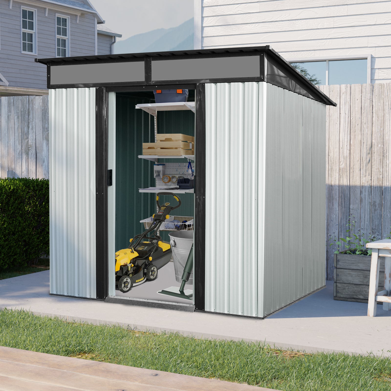 6Ft X 5Ft Outdoor Metal Storage Shed With Lockable Sliding Doors And Transparent Plate For Garden, Lawn White And Black White Black Iron