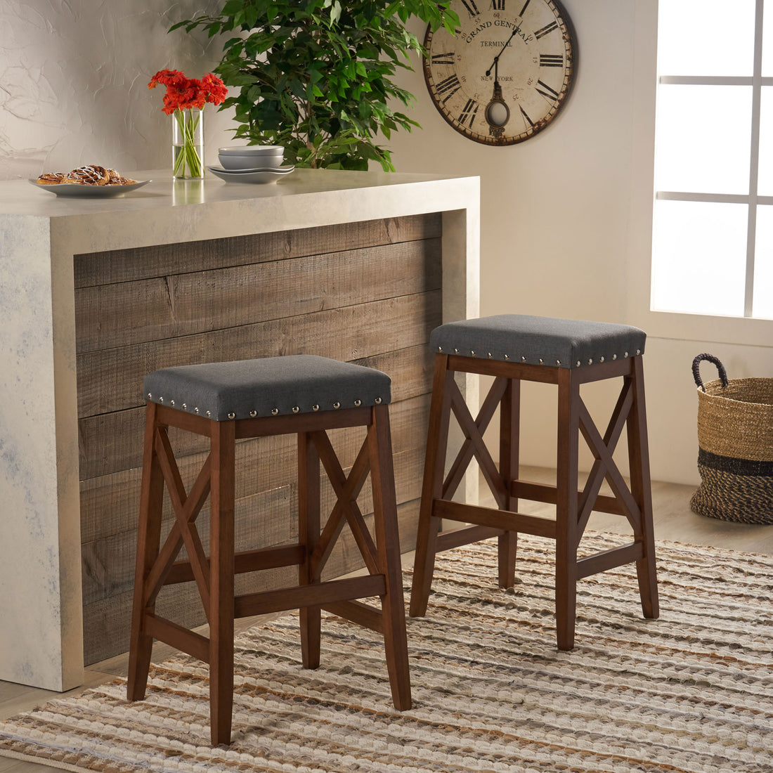 Saddle Barstool Charcoal Wood Fabric