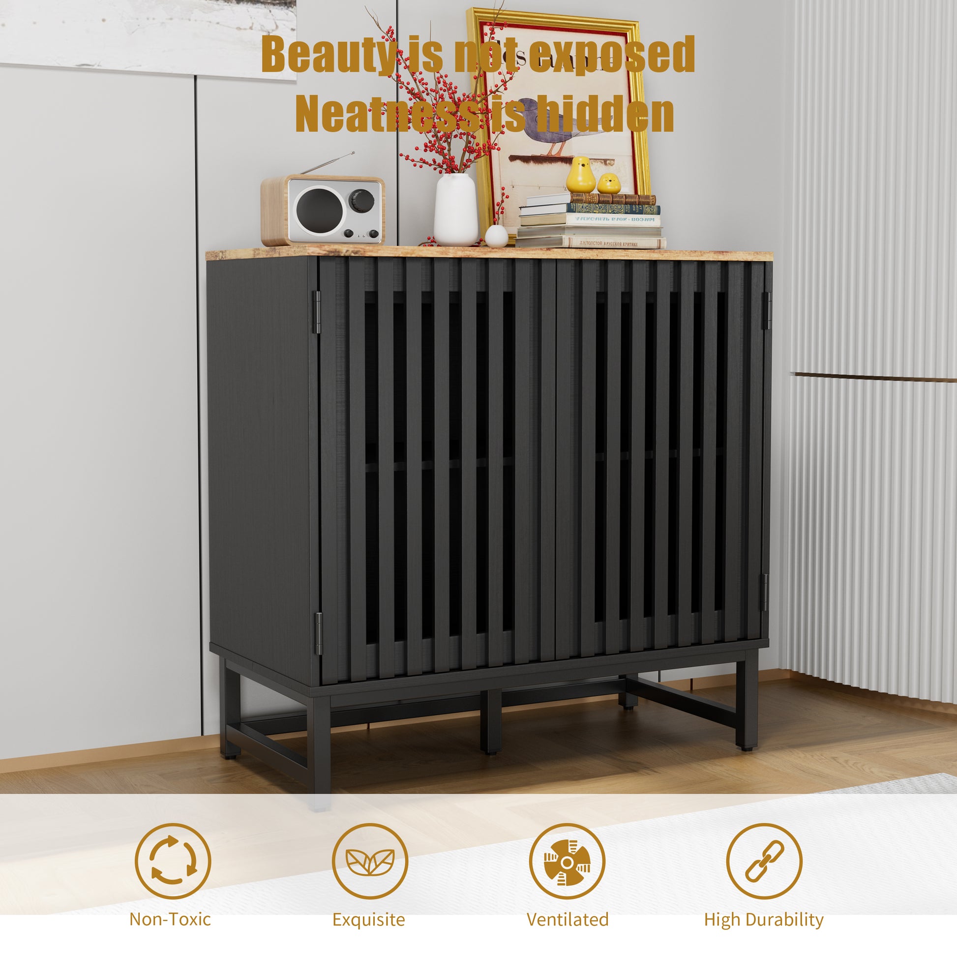 Cabinet With Slatted Grille Striped Door, Modern Style Cabinet, High Quality Mdf And Metal Leg Black Brown Mdf