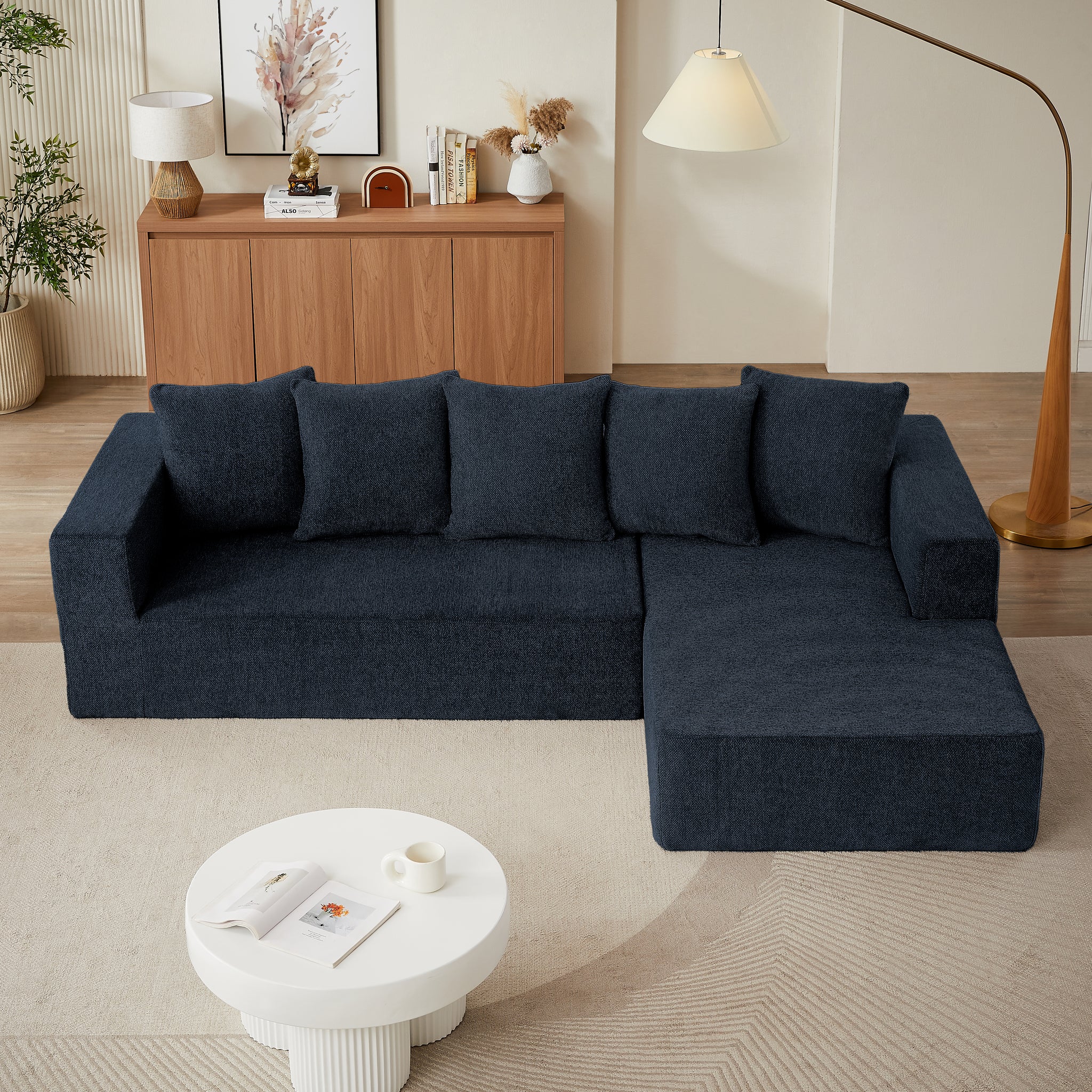 Chenille L Shaped Sectional Sofa Set,Minimalist Style Modular Sectional Sofa, Luxury Chenille Fabric Cloud Couch For Living Room Blue Chenille 4 Seat