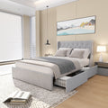 Full Size Bed Frame With 4 Storage Drawers And Wingback Headboard, Button Tufted Design, Light Grey Full Grey Iron,Linen