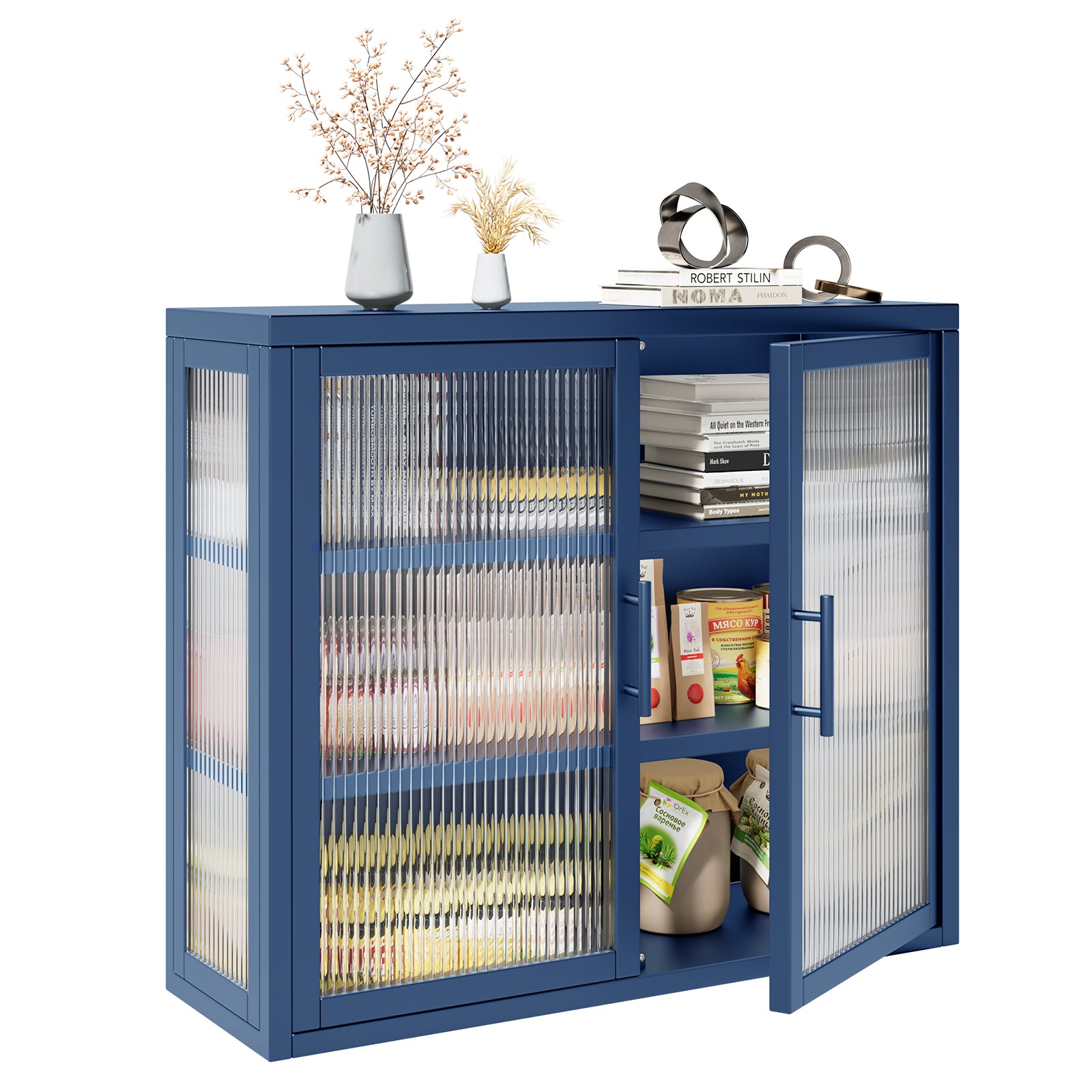 Retro Style Haze Double Glass Door Wall Cabinet With Detachable Shelves For Office, Dining Room,Living Room, Kitchen And Bathroom Blue Color Blue Tempered Glass Sheet Metal Plastic