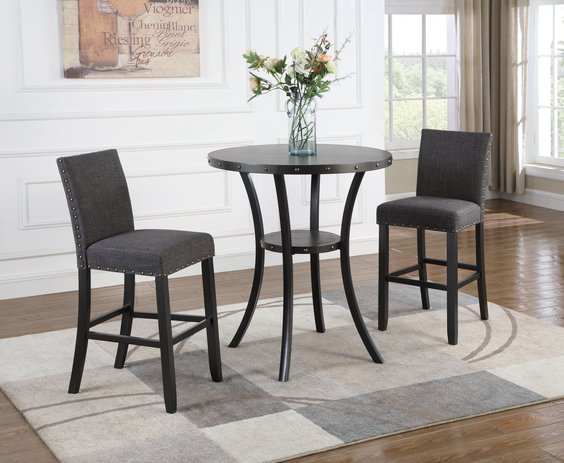 Biony 3 Piece 36" Round Espresso Finish Bar Table With 2 Gray Fabric Nail Head Pub Chairs Wood Brown Seats 2 Metal Round Dining Table With Chair Metal & Wood