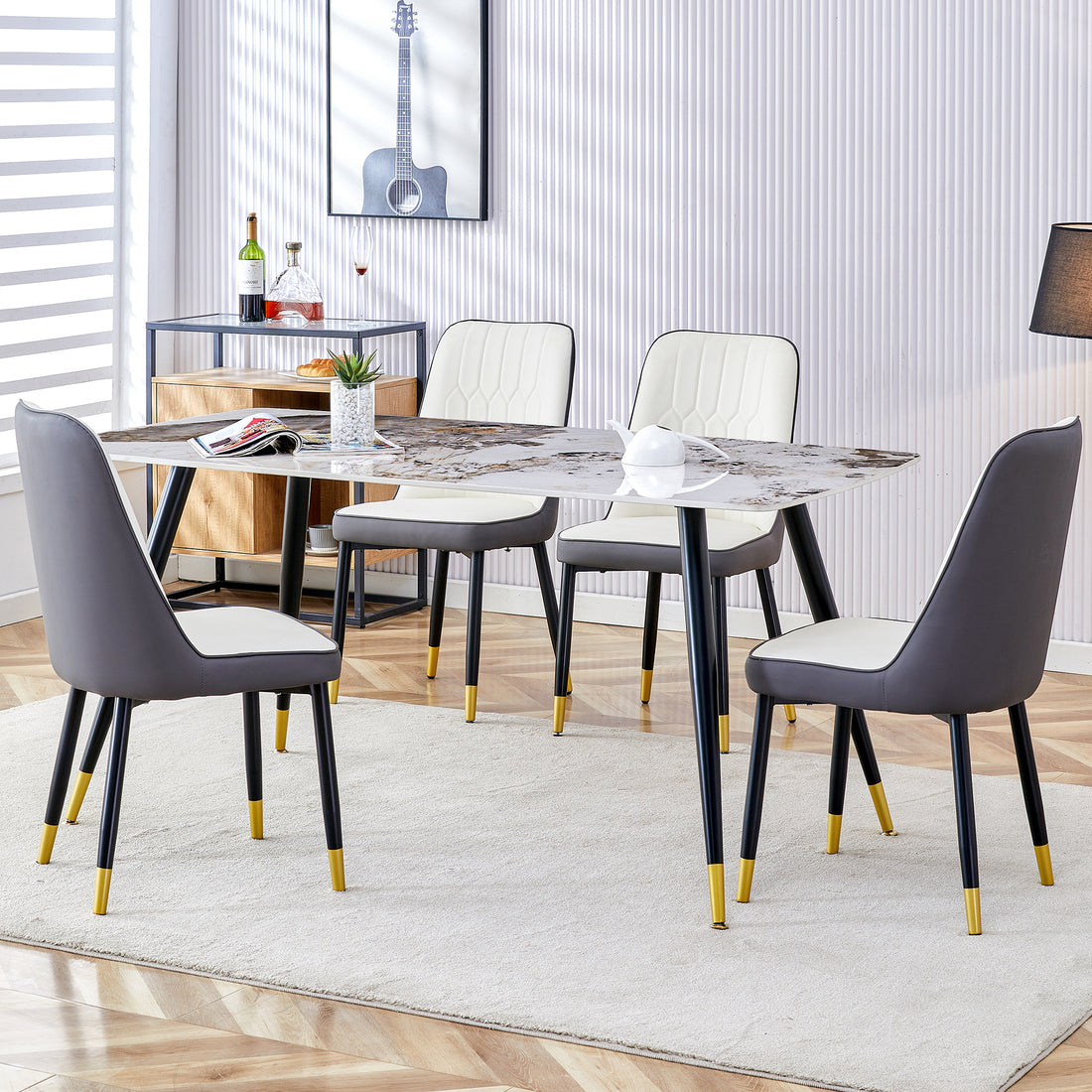 Modern Minimalist Dining Table. Imitation Marble Patterned Stone Burning Tabletop With Black Metal Legs.Modern Dining Chair With Pu Artificial Leather Backrest Cushion And Black Metal Legs.F 001 C 007 Black Gold Sintered Stone