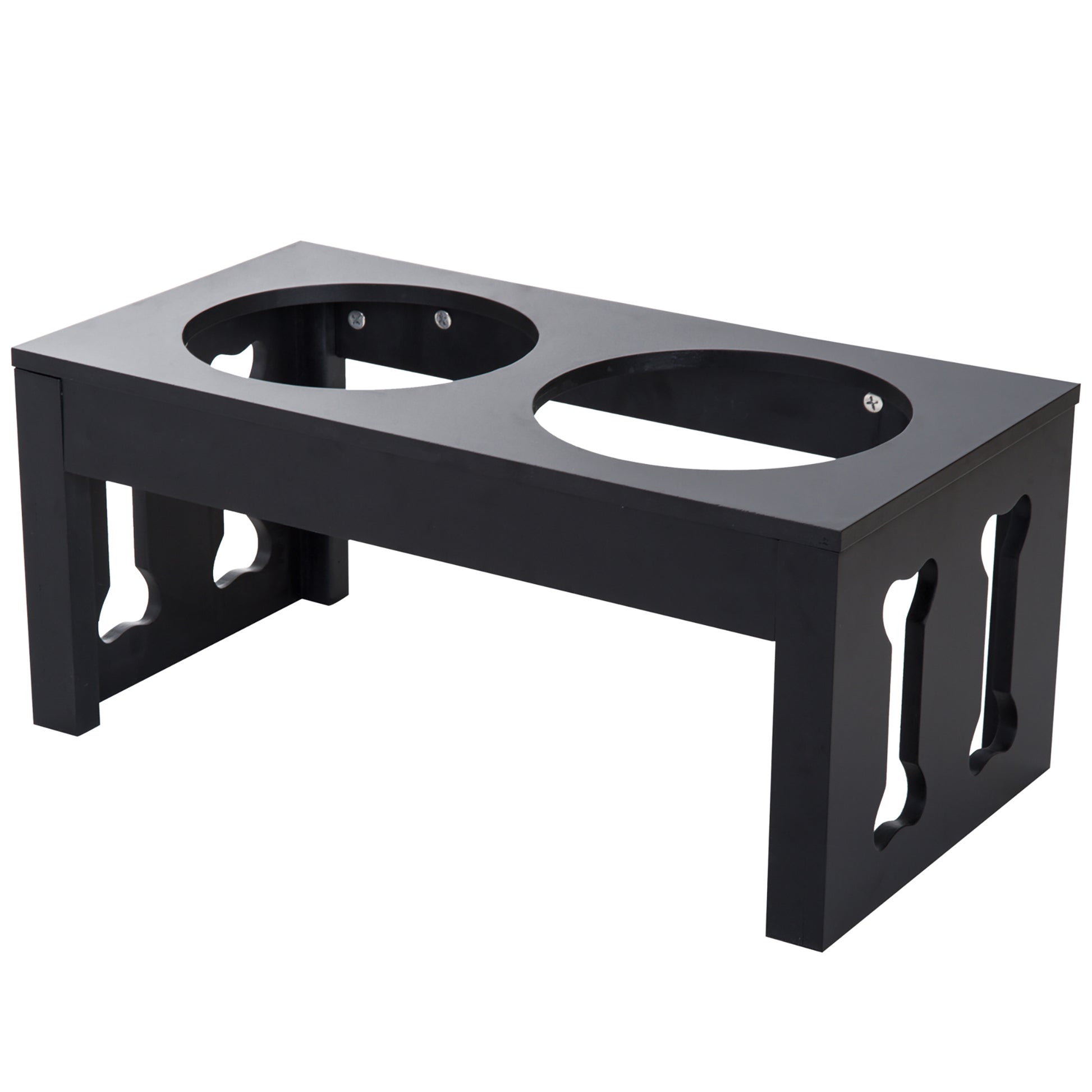 Pawhut 23" Modern Decorative Dog Bone Wooden Heavy Duty Pet Food Bowl Elevated Feeding Station Black Black Mdf