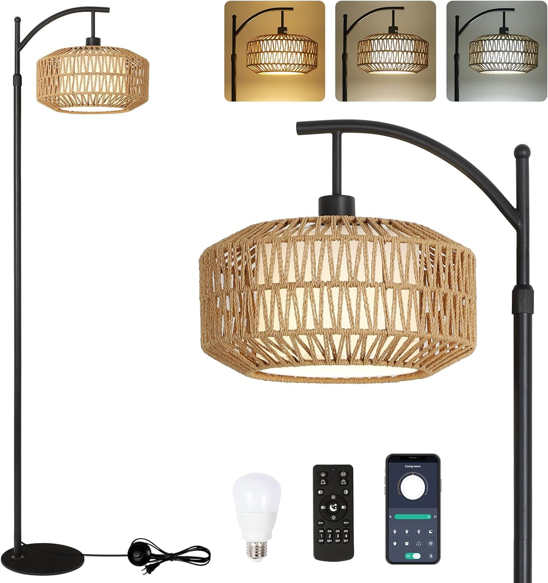 Arc Floor Lamps For Living Room, Dimmable Rattan Floor Lamp With Remote & Led Bulb, Mid Century Modern Standing Lamp With Double Shades, Boho Farmhouse Tall Pole Lamps For Bedroom Office Brown Black Rattan Metal