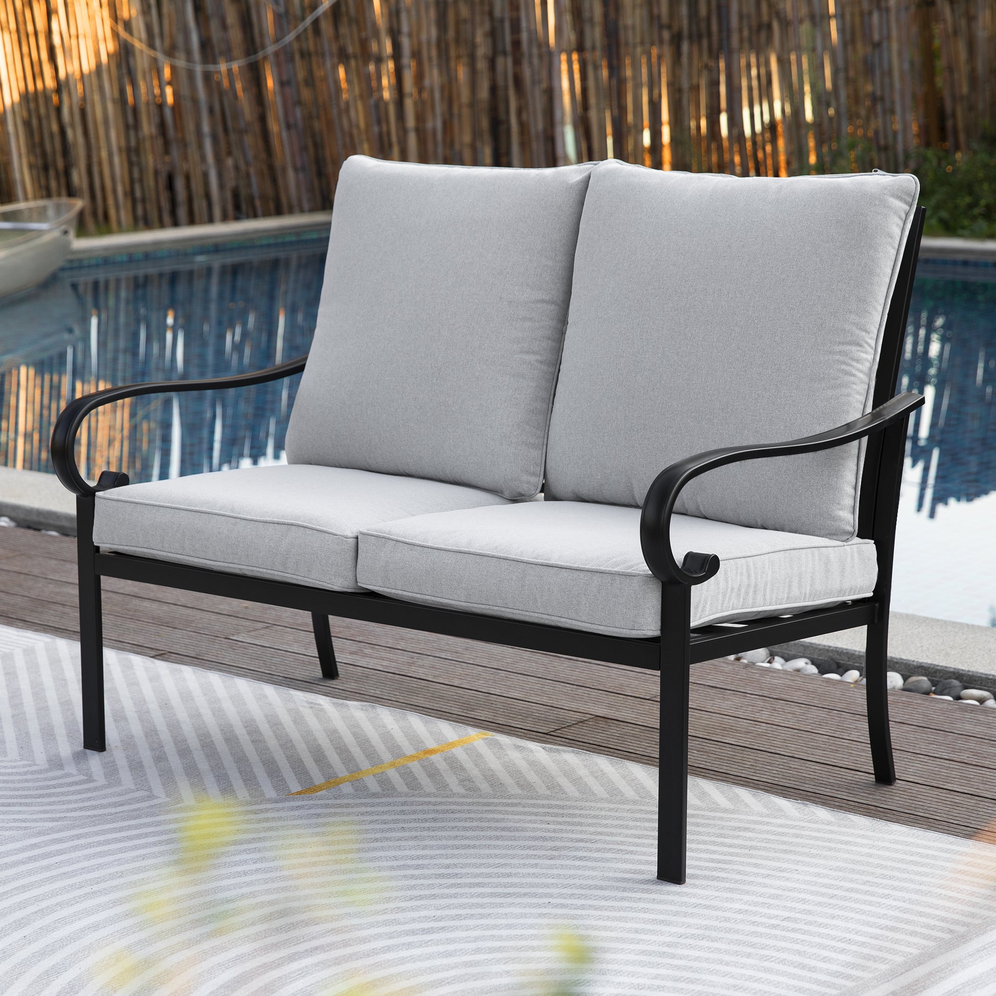 2 Piece Patio Loveseat Sofa With Coffee Table, Outdoor Conversation Sofa Set Yes Sectional Black Grey Mildew Resistant Frame Fade Resistant Cushion Garden & Outdoor American Design Polyethylene Iron