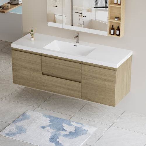 60" Floating Bathroom Vanity With Sink, Modern Wall Mounted Bathroom Storage Vanity Cabinet With Resin Top Basin And Soft Close Drawers, Natural Oak 24V11 60Sno Oak Wood