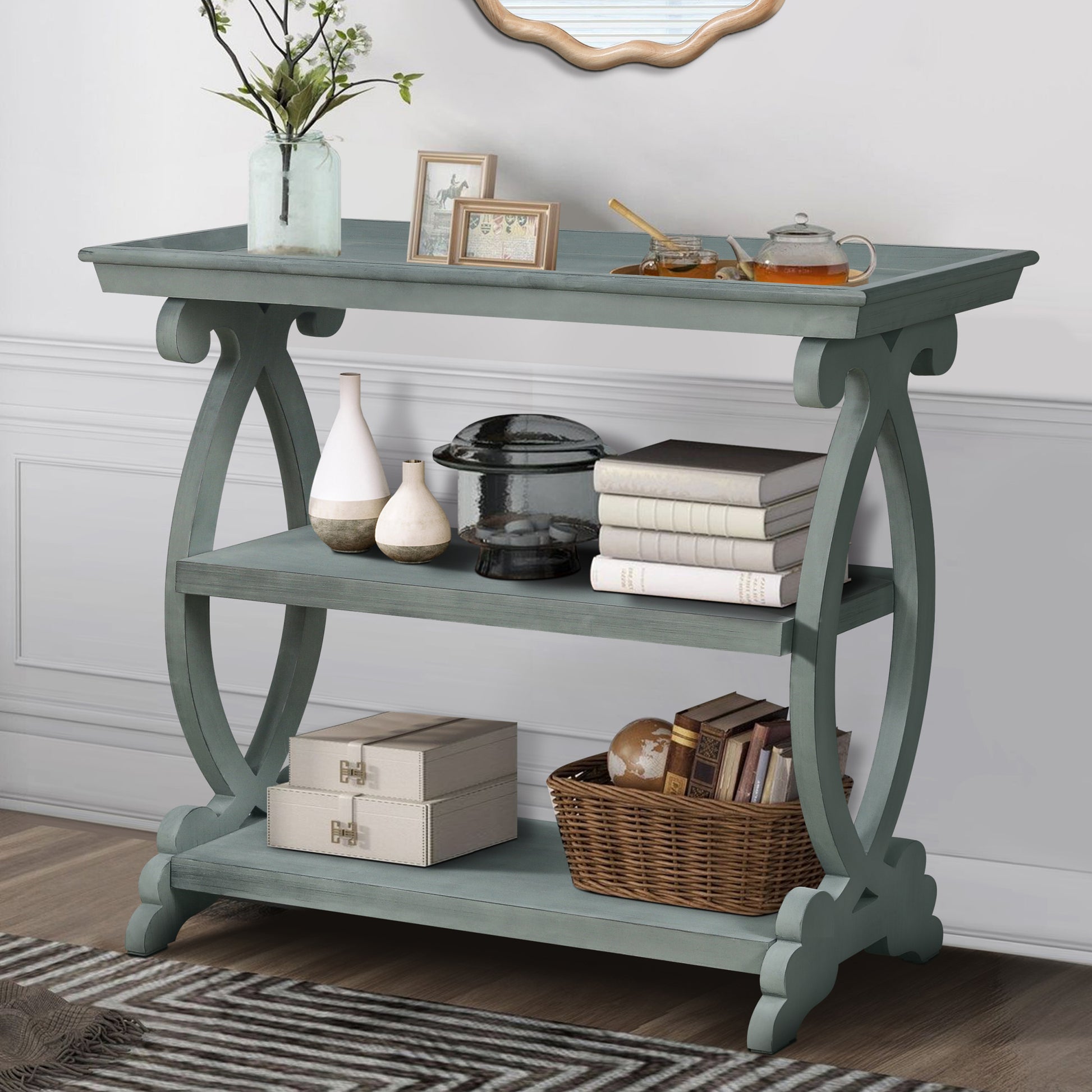 Newport Console Table For Living Room,Kitchen,Entyway Antique Light Green Antique Light Green Desk Top Primary Living Space American Design Floor Mount Console Tables Lacquered Solid Wood Mdf Mdf