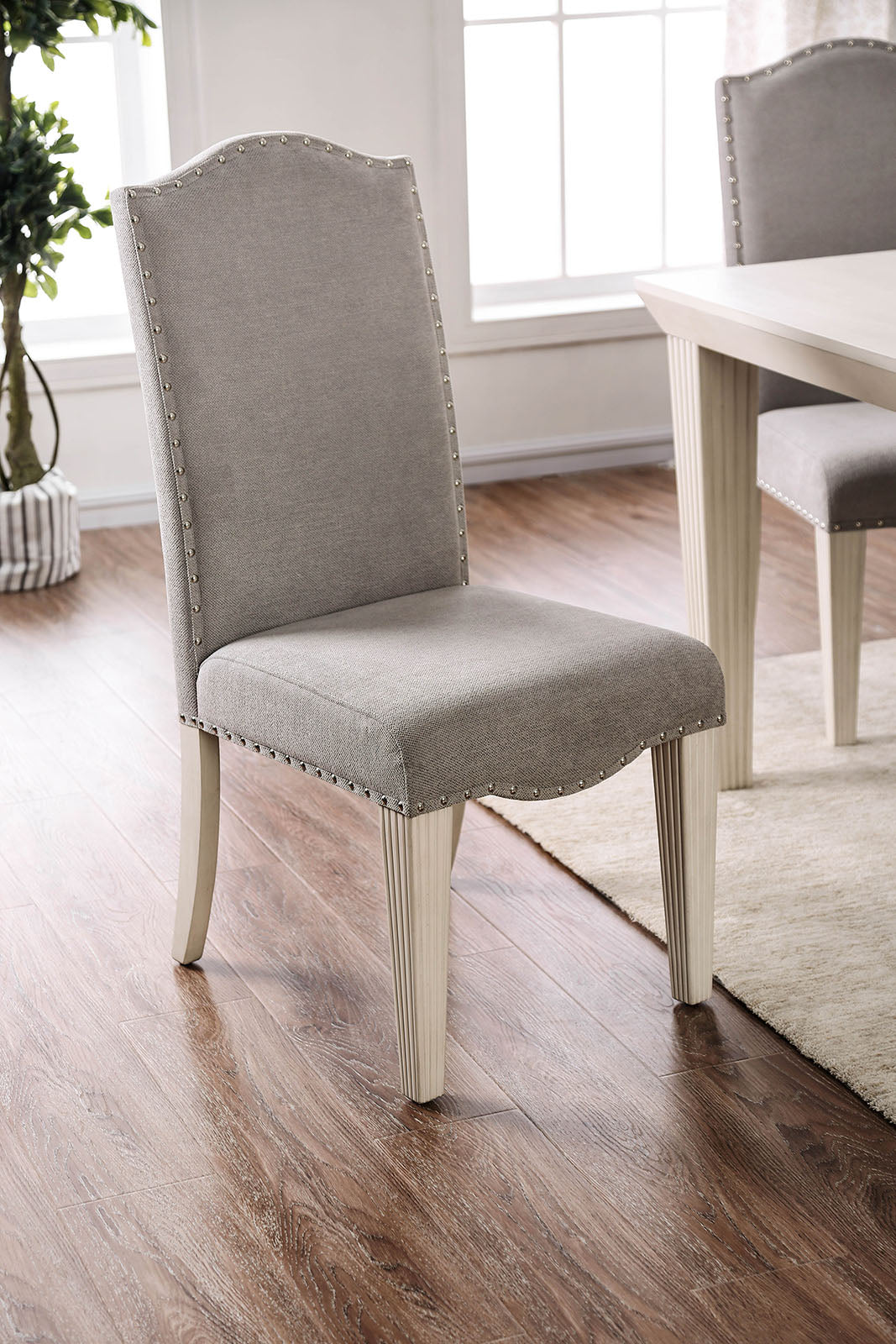 Set Of 2 Fabric Parson Chairs In Gray And Antique White Gray Dining Room Rectangular Dining Chairs Solid Wood Mdf