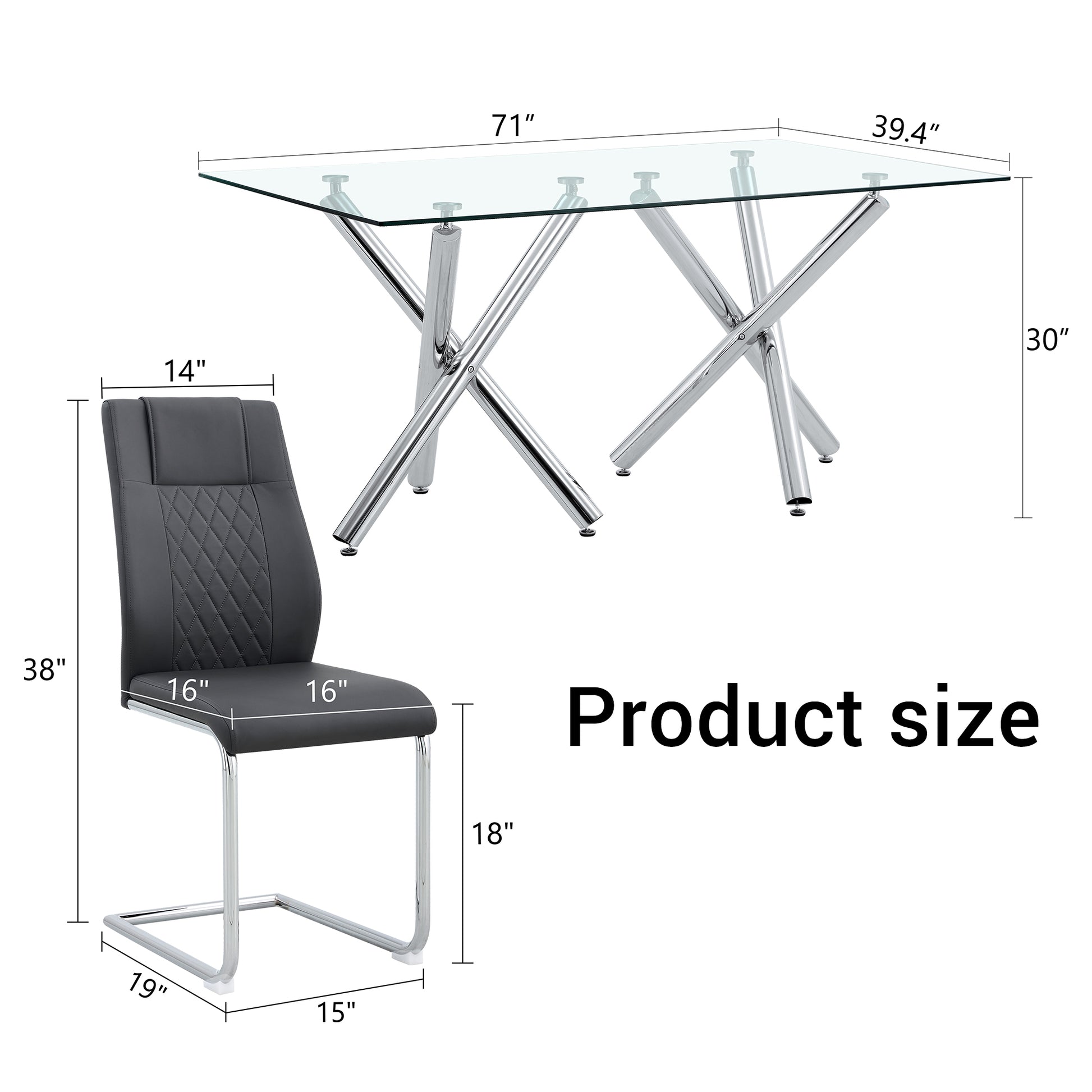 Table And Chair Set.Large Minimalist Rectangular Glass Dining Table For 6 8 With 0.39" Tempered Glass Tabletop And Silver Chrome Metal Legs.Paried With Comfortable Chairs With Pu Seats And Metal Legs. Silver Seats 8 Glass Metal