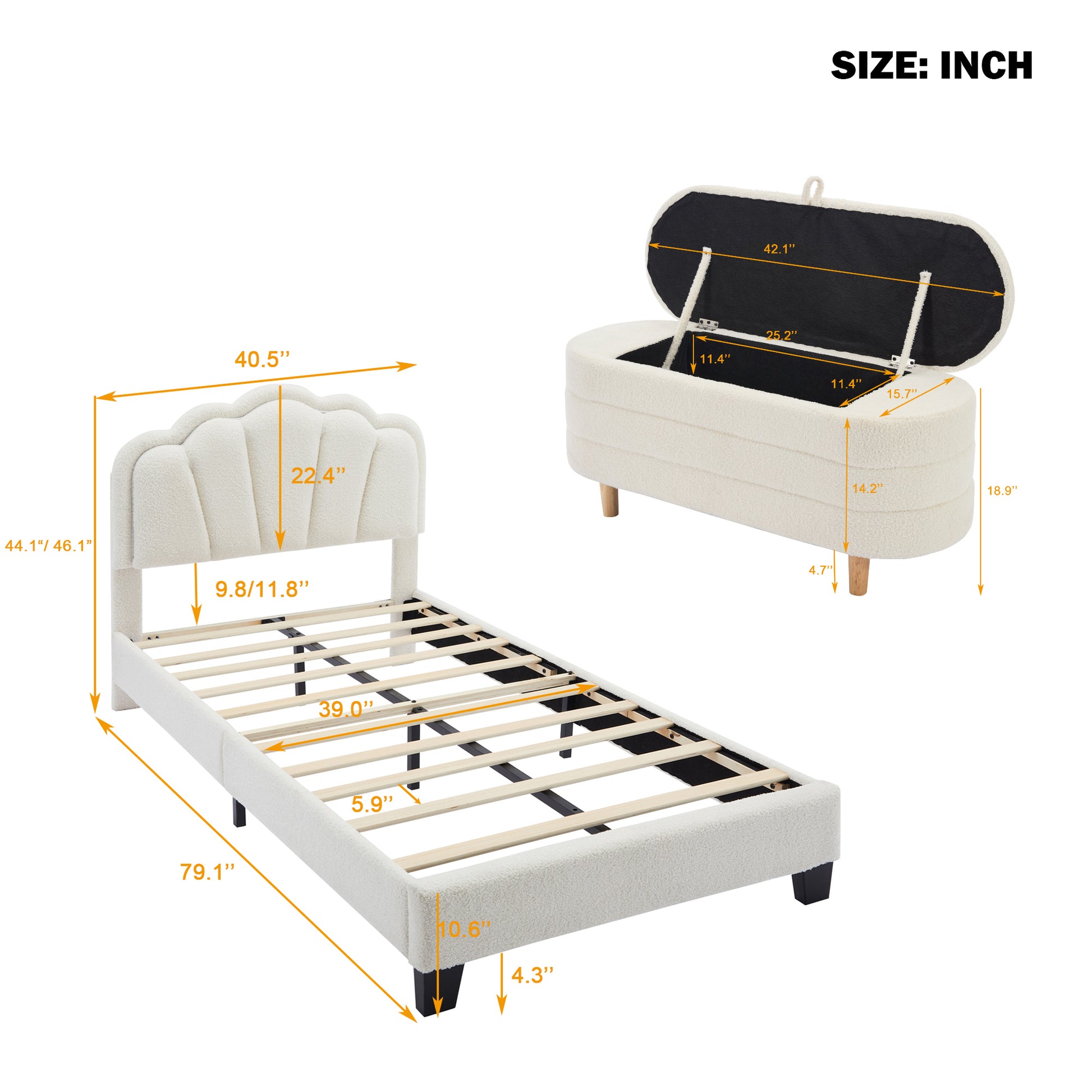 2 Pieces Bedroom Sets Twin Size Flower Shaped Upholstered Led Platform Bed With Storage Ottoman Sherpa Fabric, White Twin White 2 Piece Set Wood