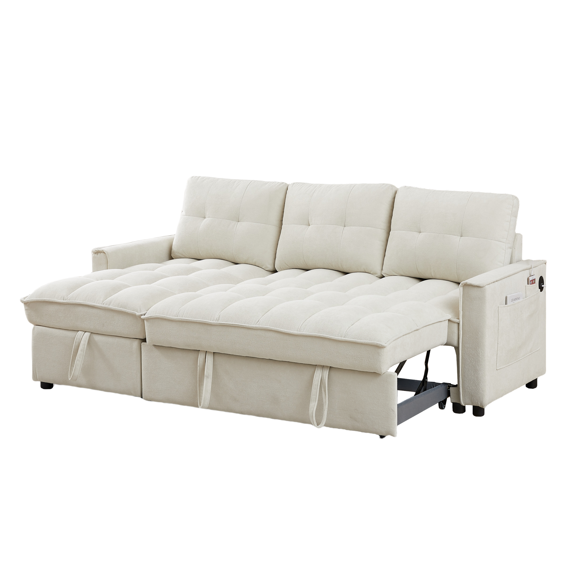 Mh 78.75" Reclining Sofa, Pull Out Sofa Bed With Usb And Tape C Charging Ports, L Shaped Sectional Sofa With Reclining Storage And Arm Side Organizer Pocket Features, Living Room Comfort Sofa Beige Chenille Wood Primary Living Space Eucalyptus Foam