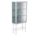 White Tall Freestanding Display Cupboard Stylish Fluted Glass Storage Cabinet With Glass Doors Three Detachable Shelves Bottom Space For Office Dining Room Living Room Bedside Old Sku:W68743735 White Steel