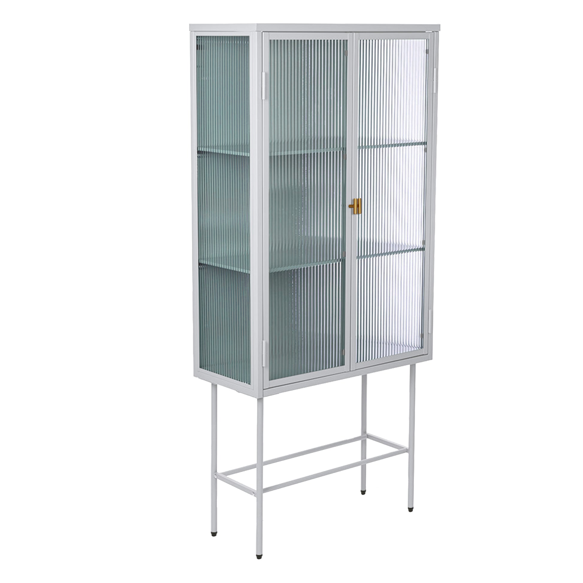 White Tall Freestanding Display Cupboard Stylish Fluted Glass Storage Cabinet With Glass Doors Three Detachable Shelves Bottom Space For Office Dining Room Living Room Bedside Old Sku:W68743735 White Steel