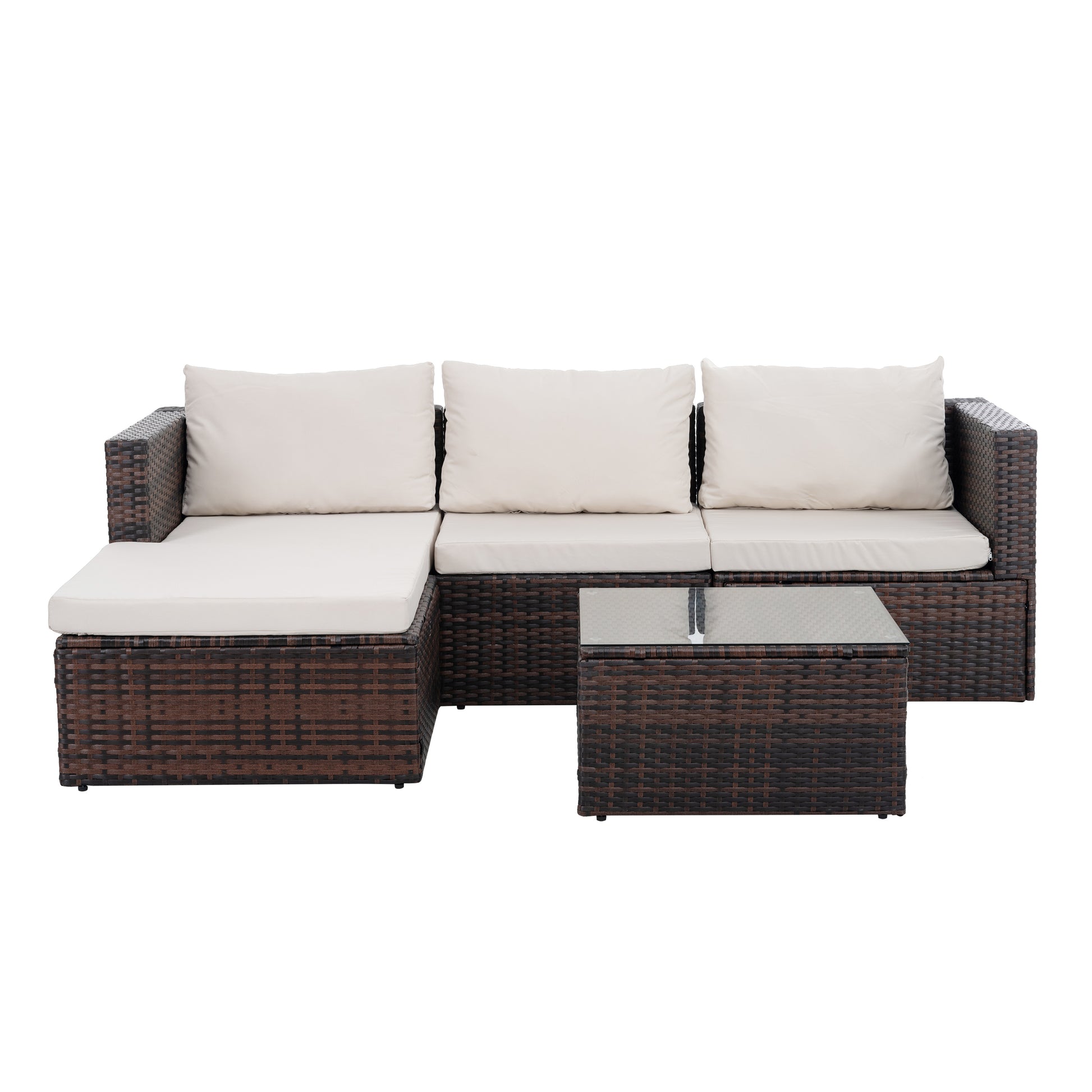 Patio Furniture, Outdoor Furniture, Seasonal Pe Wicker Furniture, 5 Set Wicker Furniture With Tempered Glass Coffee Table Brown Seats 4 Pe Rattan Iron Waterproof Fabric