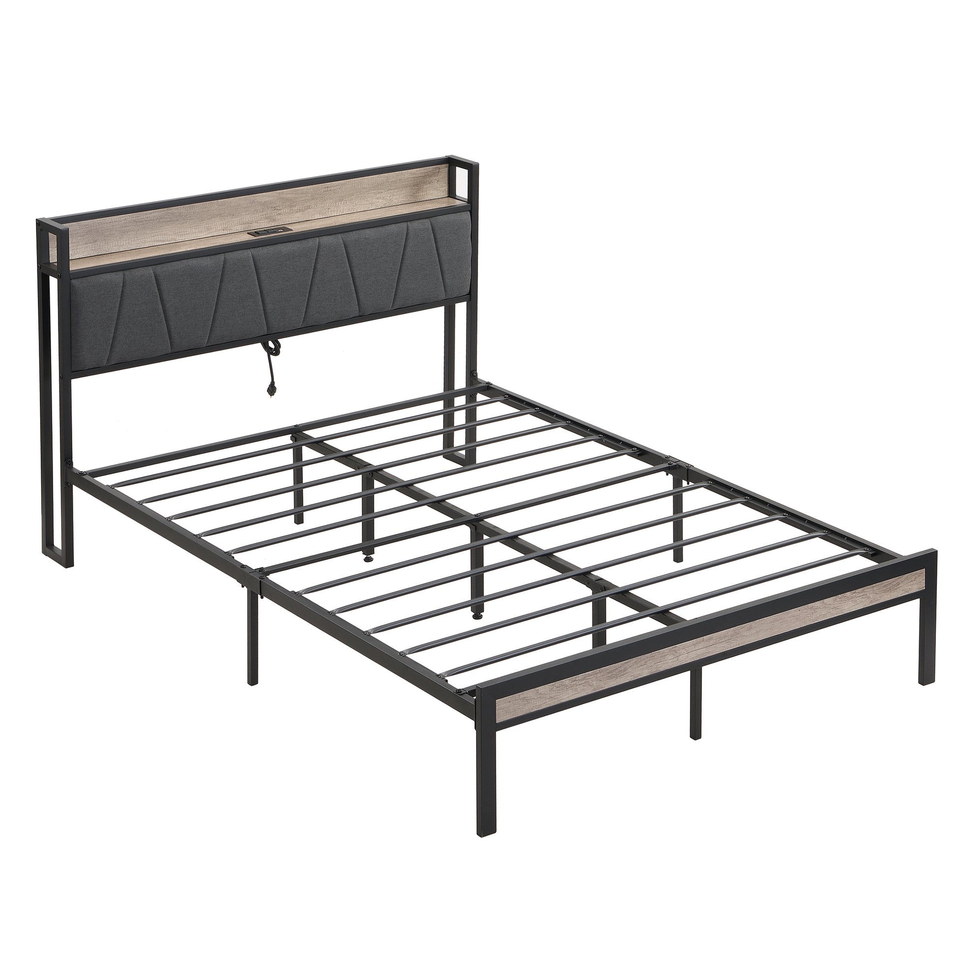 Full Size Metal Platform Bed Frame With Upholstery Storage Function Headboard And Usb Liner And Footboardno Box Spring Needed, Large Under Bed Storage, Easy Assemble Full Beige Black Metal & Wood