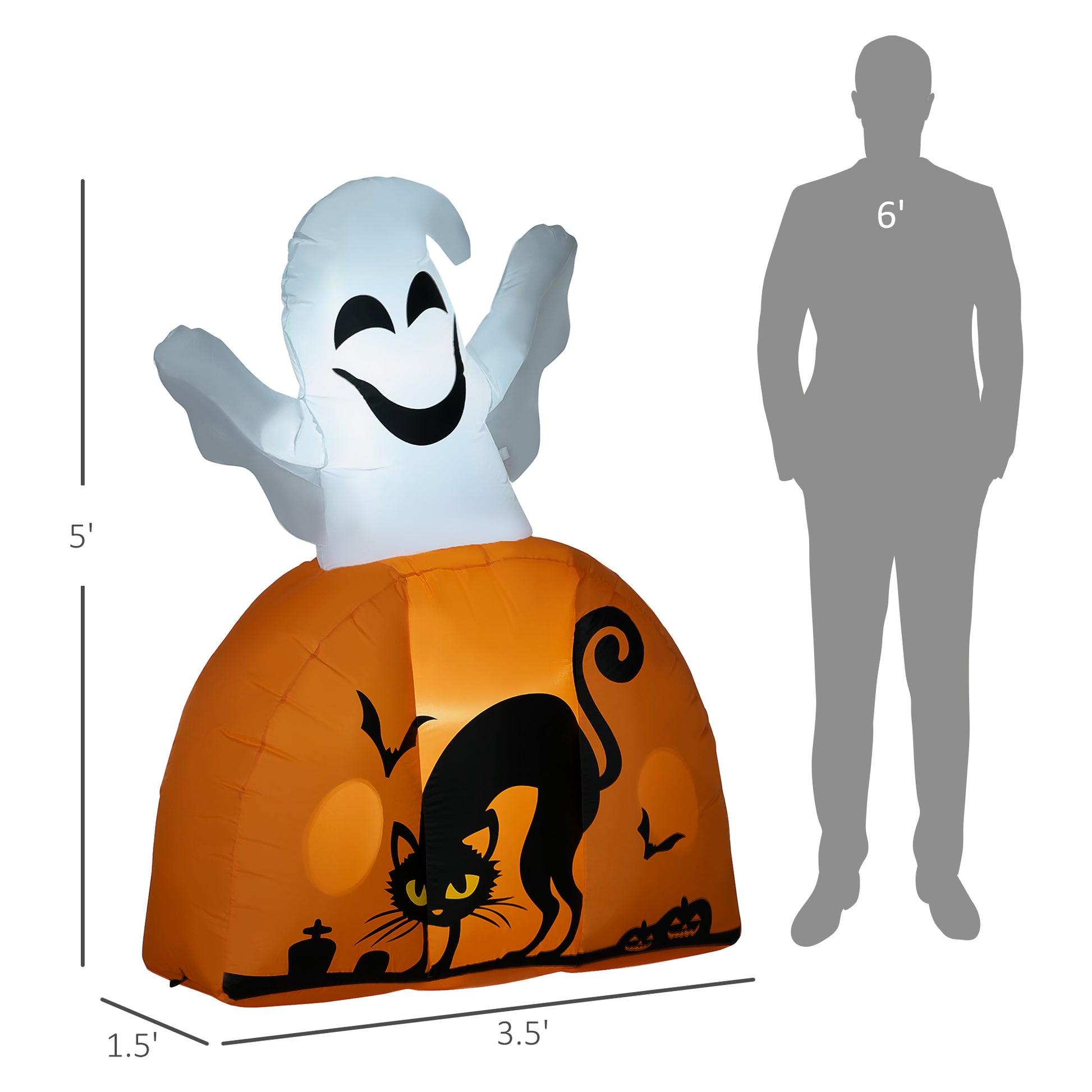 Homcom 5Ft Halloween Inflatables Outdoor Decorations Ghost With Pumpkin, Outdoor Blow Up Yard Decor With Led Lights For Garden, Lawn, Party, Holiday White Polyester