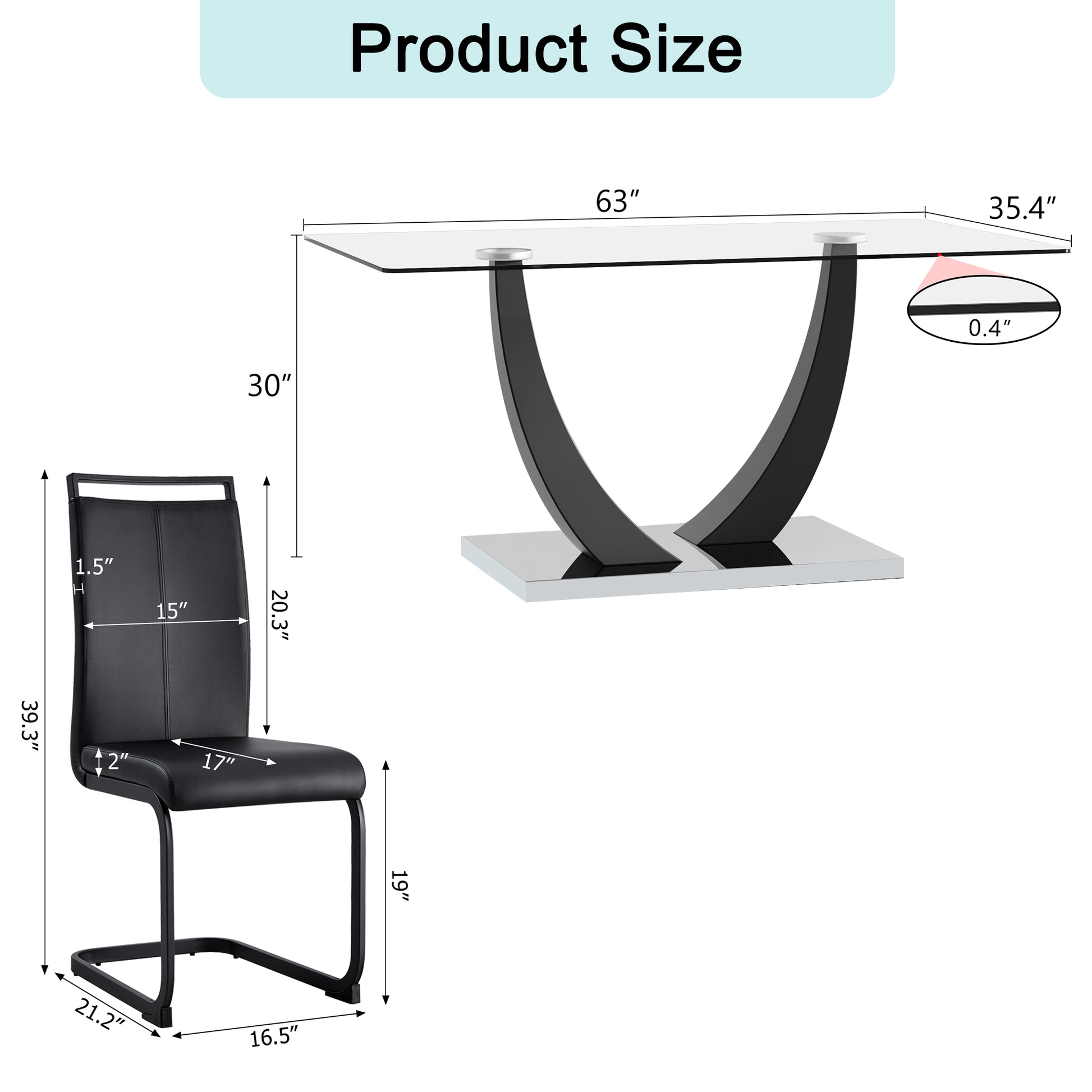 Table And Chair Set.Large Rectangular Glass Dining Table, 0.39 "Tempered Glass Countertop And Black Metal Shaped Bracket.Comes With Chairs With Faux Leather Cushions.Suitable For Kitchen, Dining Room. Black Seats 6 Glass Metal