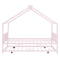 Full Size Metal House Bed With Twin Size Trundle, Pink Full Pink Metal