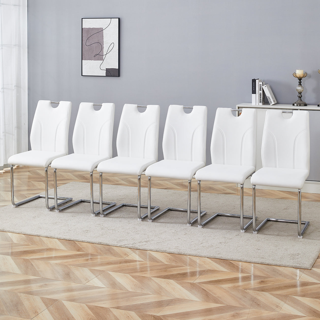 White Pu Dining Chair Set.Uniquely Designed White Dining Chairs. Pu Material, Paired With Silver Metal Chair Legs. Suitable For Offices, Restaurants, Kitchens, Conference Rooms, Etc. Set Of 6 White