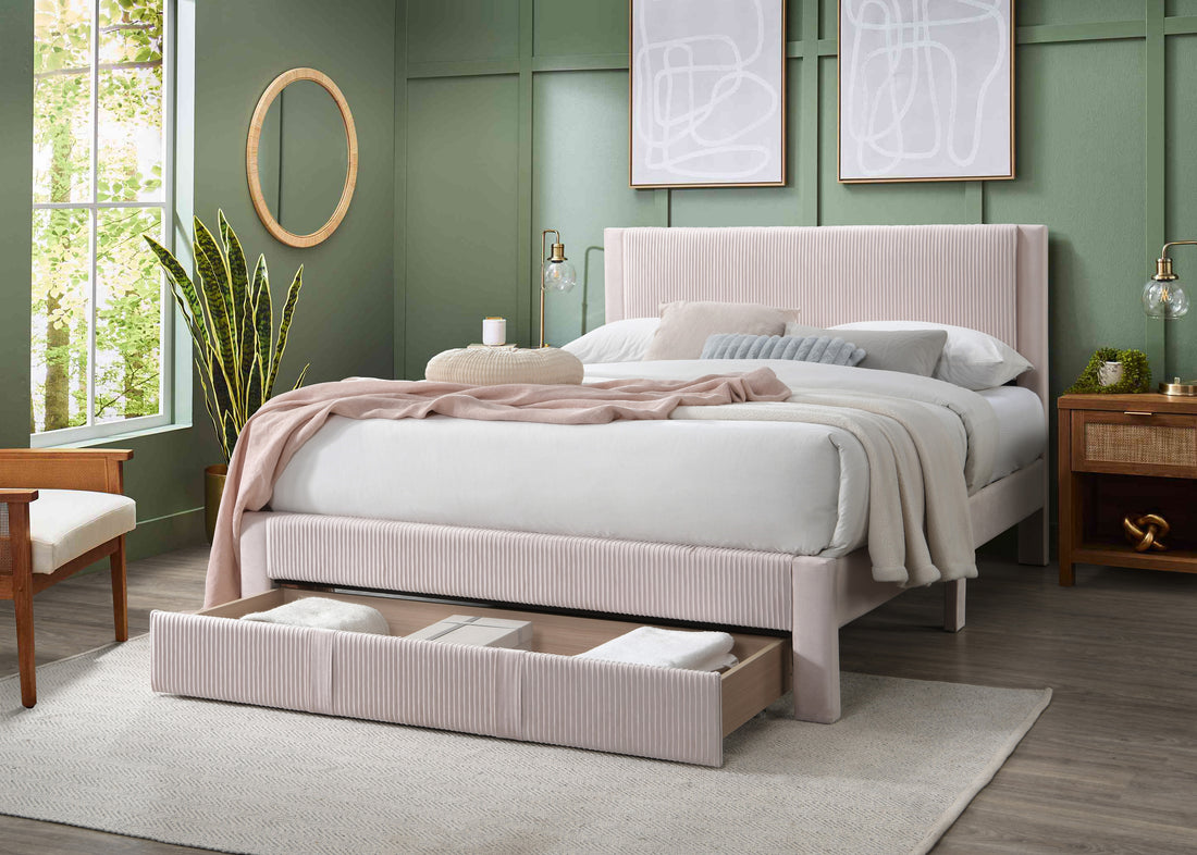 Queen Bed Box Spring Not Required Queen Pink Wood Bedroom Modern Panel Mdf Corduroy