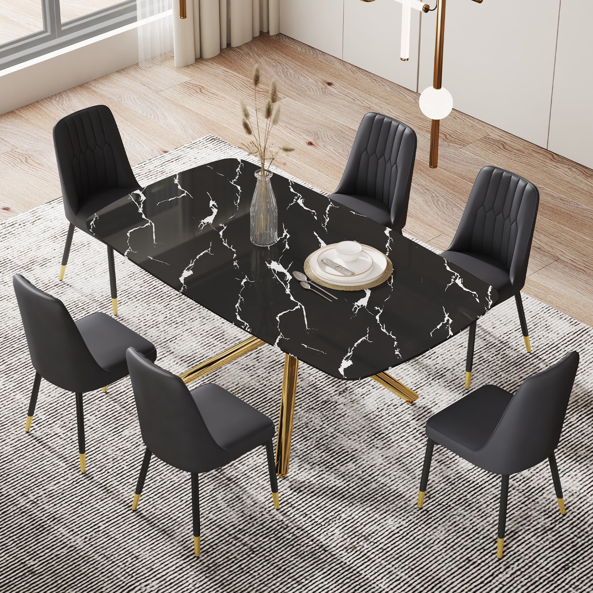 Large Modern Minimalist Rectangular Dining Table With 0.39 "Imitation Marble Black Tabletop And Golden Metal Legs, Paired With Chairs With Pu Cushions And Black Metal Legs. F 1537 C 007 Black Gold Glass Metal