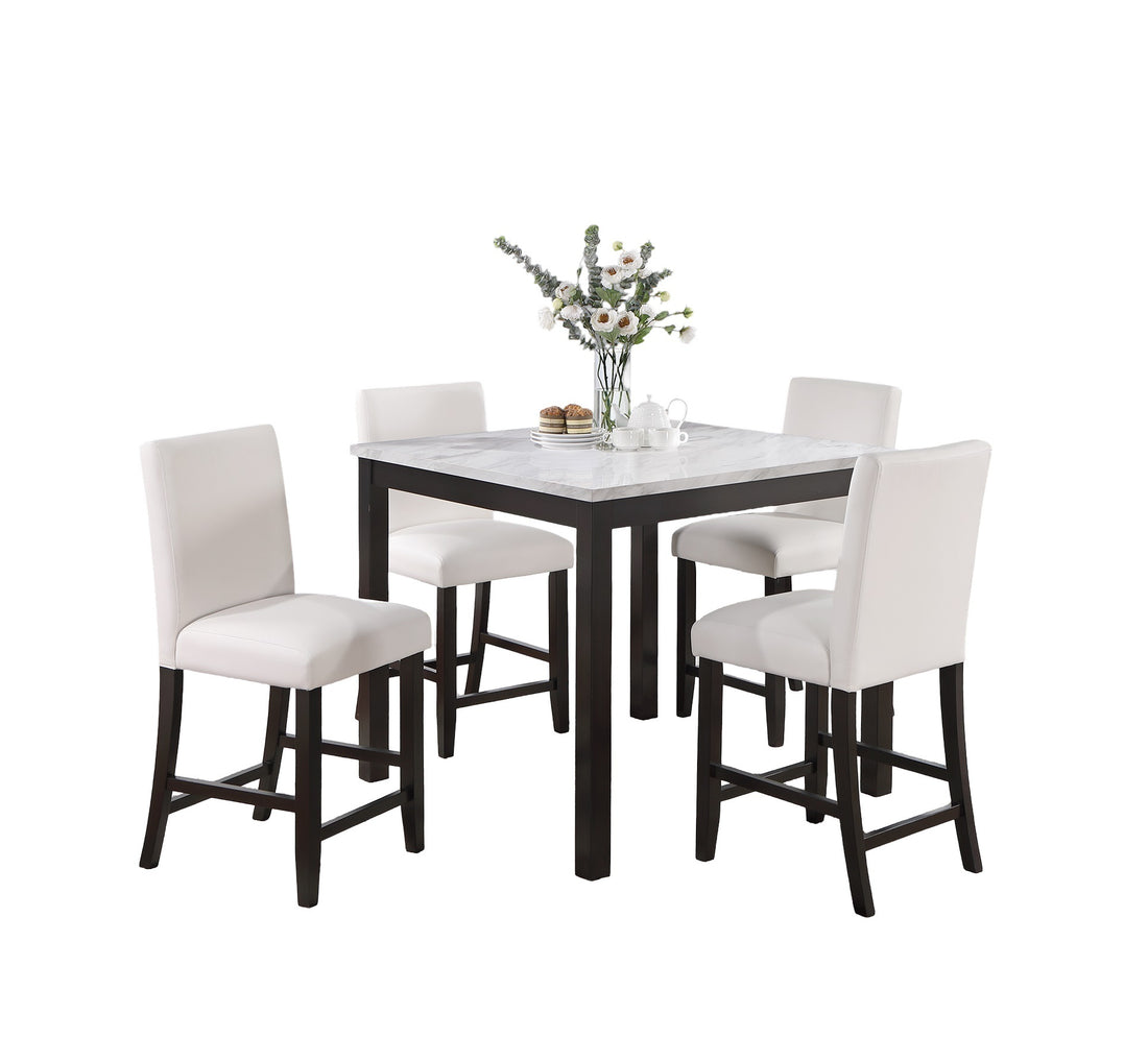 Modern 5Pc Counter Height Dining Set Kitchen Dinette Faux Marble Top Table And 4X High Chairs White Faux Leather Cushions Seats Dining Room Upholstered Chair Wood White Solid Back Seats 4 Wood Dining Room Contemporary,Modern,Transitional 4 Leg