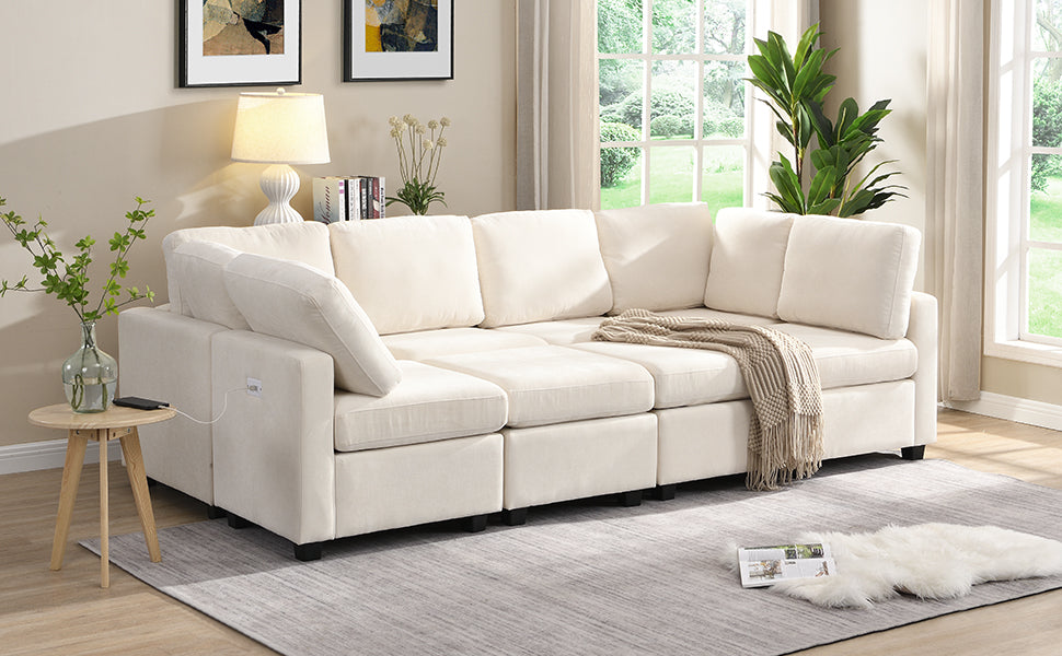 103" Sectional Sofa Couch Sofa Bed U Shaped Sofa With Two Movable Ottoman And Three Usb Ports For Living Room, Beige Beige Foam Chenille 6 Seat