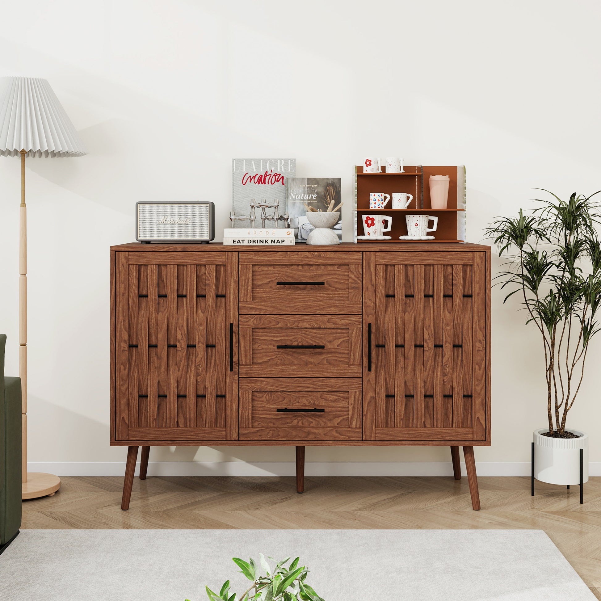 2 Door 3 Drawer Cabinet, Accent Storage Cabinet, Suitable For Living Room, Bedroom, Dining Room, Study Walnut Mdf