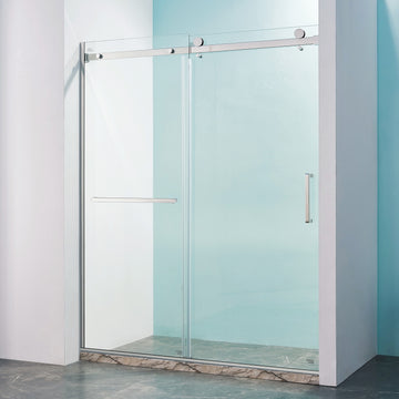 56 60"W X 75"H Semi Frame Single Sliding Shower Door, 304 Stainless Steel In Brushed Nickel, 5 16" 8Mm Thick Sgcc Tempered Clear Glass. Brushed Nickel Bathroom Classic,Luxury,Modern Glass Stainless Steel