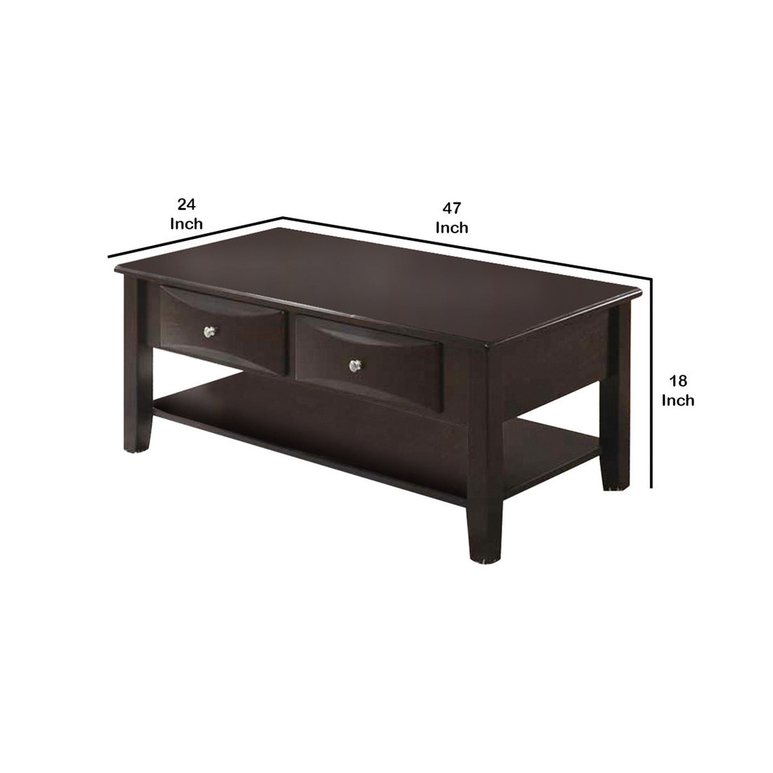 Wooden Coffee Table With 2 Spacious Drawers, Brown Brown Wood Metal