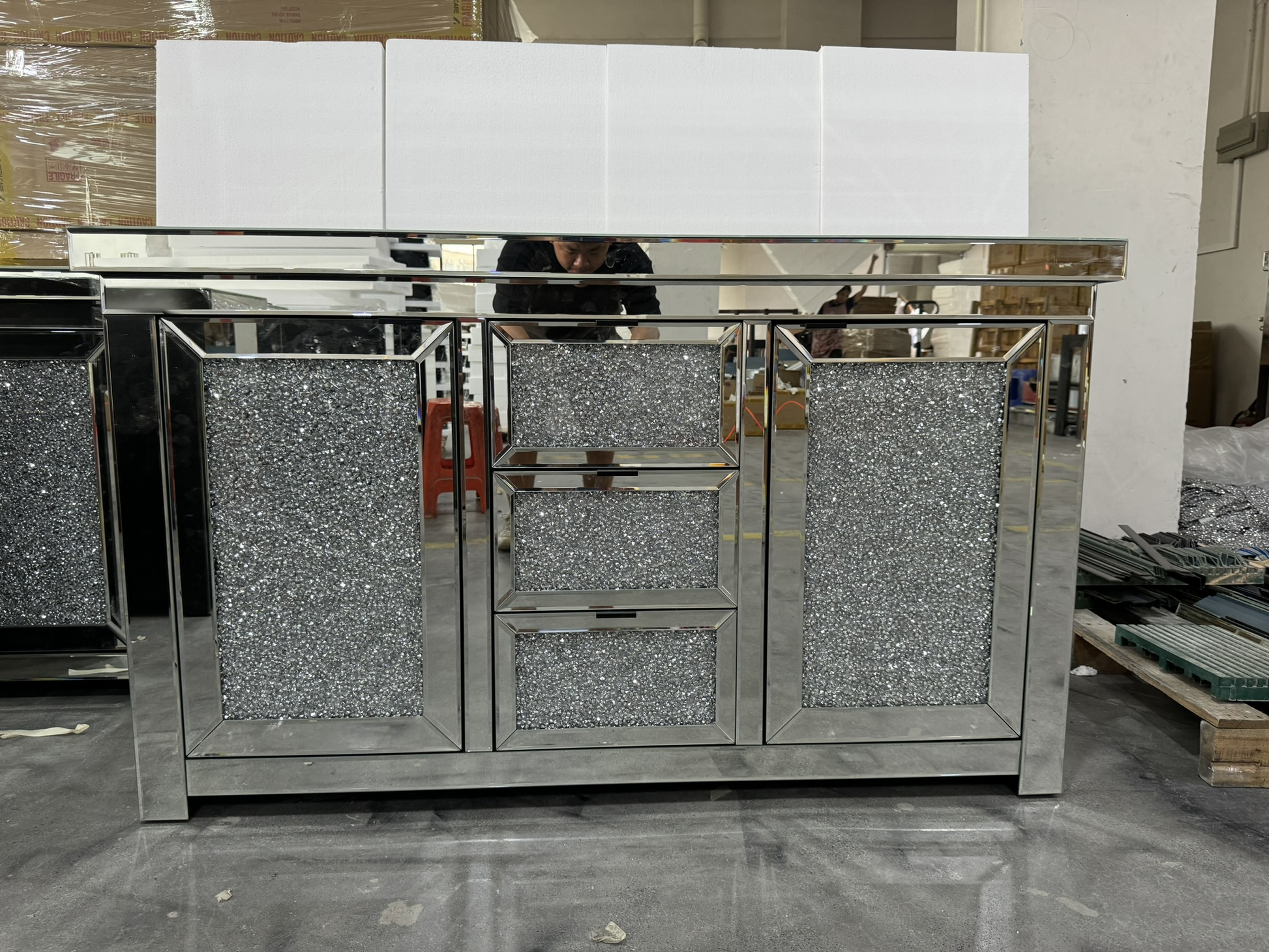 57" Wide 3 Drawer Mirrored Glass Sideboard Silver Kitchen Luxury,Modern Cabinets Included Mdf Glass,Mirror