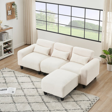 The 84.6 Inch Beige Teddy Fleece Creative Sofa Can Be Assembled Into A Two Seater Sofa Plus A Single Couch With Three Waist Pillows To Perfectly Stretch Your Waist For Small Apartment Bedroom Spaces Beige Polyester Blend 4 Seat