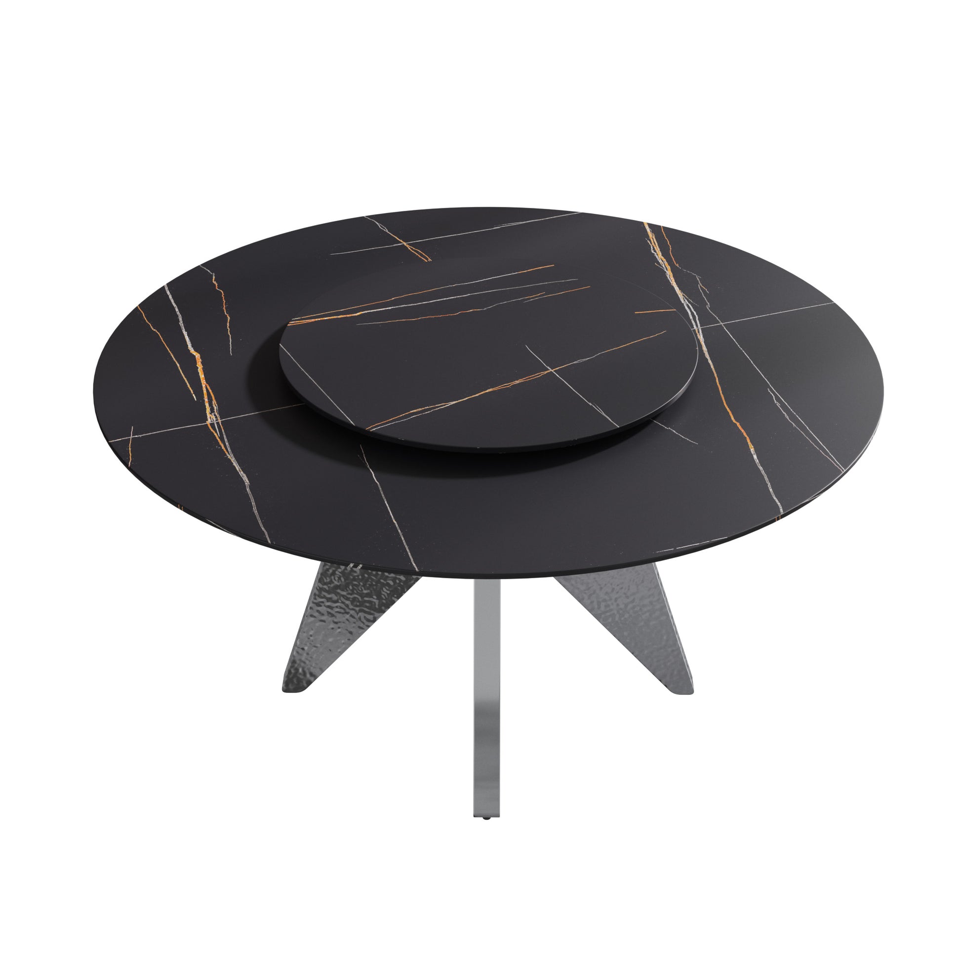 59.05" Round Marble Dining Table Withsilver Stainless Steel Design Base, Artificial Marble For 6 8 People, 31.5"Black Artificial Stone Turntable,Black Dining Table Only Black,Silver Dining Room