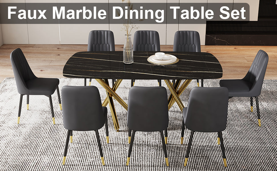Large Modern Minimalist Rectangular Dining Table With 0.39 "Imitation Marble Black Desktop And Gold Metal Legs, Paired With 8 Chairs With Pu Cushions And Black Metal Legs.F 1538 C 007 Black Gold Glass Metal