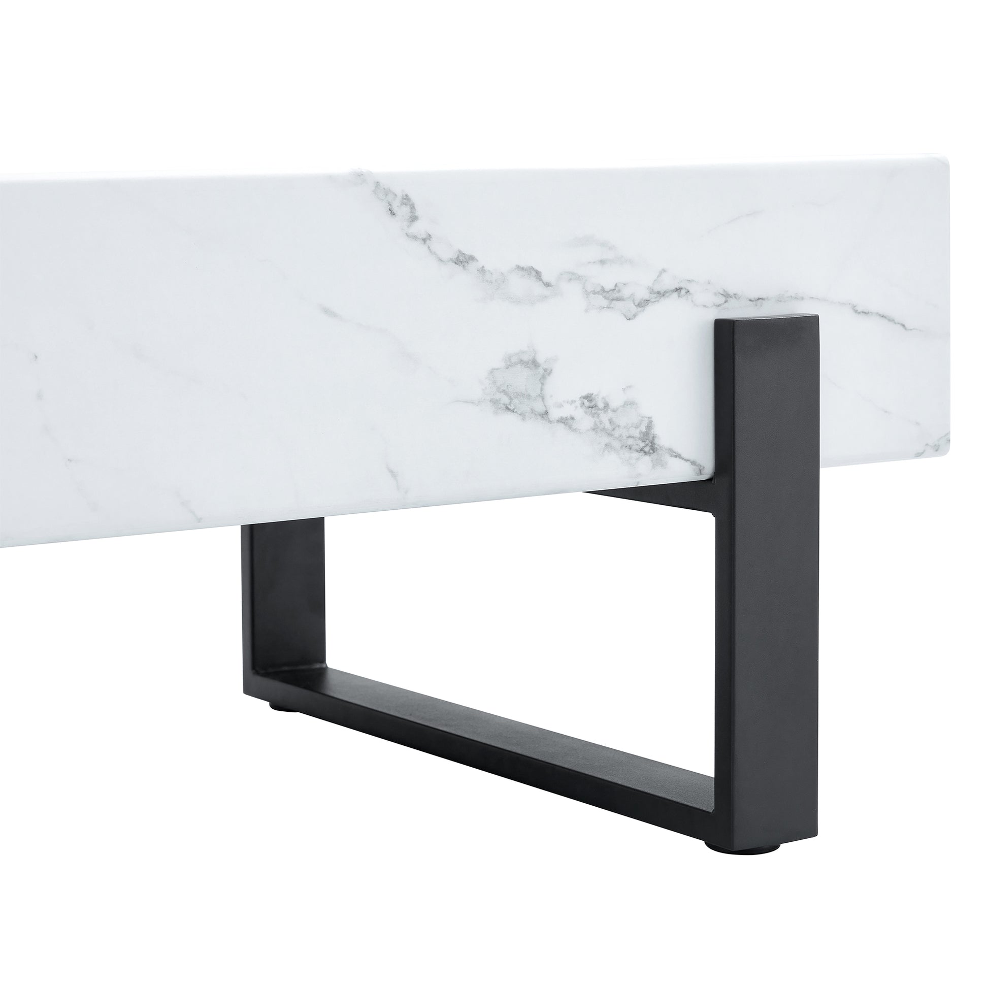 47.2"X23.6" Black And White Minimalist Mdf Marble Patterned Coffee Table.White Marble Pattern Sticker,Black Metal Leg Spray Coating,Mdf Coffee Table.Showcasing A Modern And Simple Style. White Black