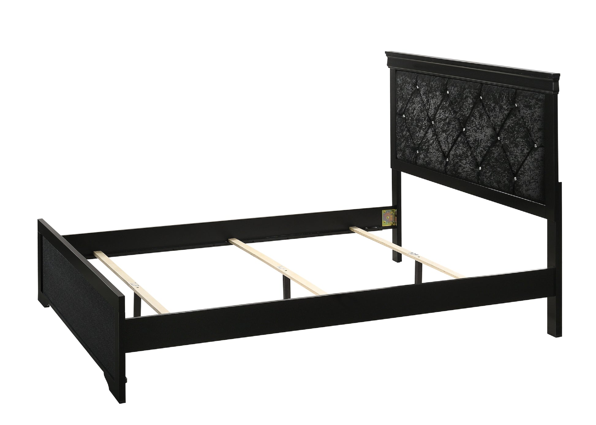 Modern 1Pc Black Finish Full Size Panel Bed Wooden Fabric Upholstered Headboard Crystal Like Button Tufted Fabric Bedroom Furniture Box Spring Required Full Black Wood Bedroom Panel Solid Wood