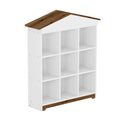 House Shaped Storage Rack With Nine Storage Compartments, Three Layer Bookshelf With Colorblock Design, White Brown Brown White Particle Board