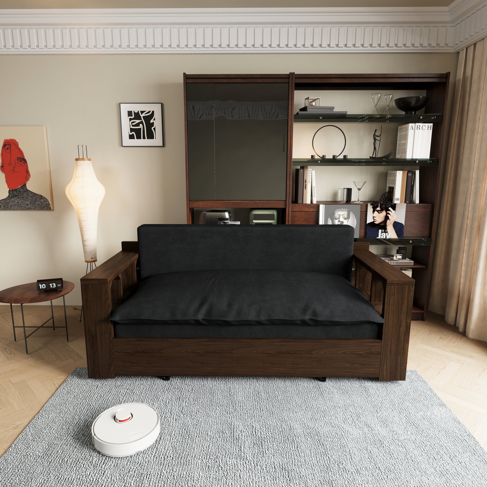 3 In 1 Convertible Sleeper Sofa Bed,Modern Velvet Loveseat Couch With Pull Out Bed,Small Beautiful Seat Futon Sofa Bed With Convertible Office Desk,Black Black Metal & Wood 2 Seat