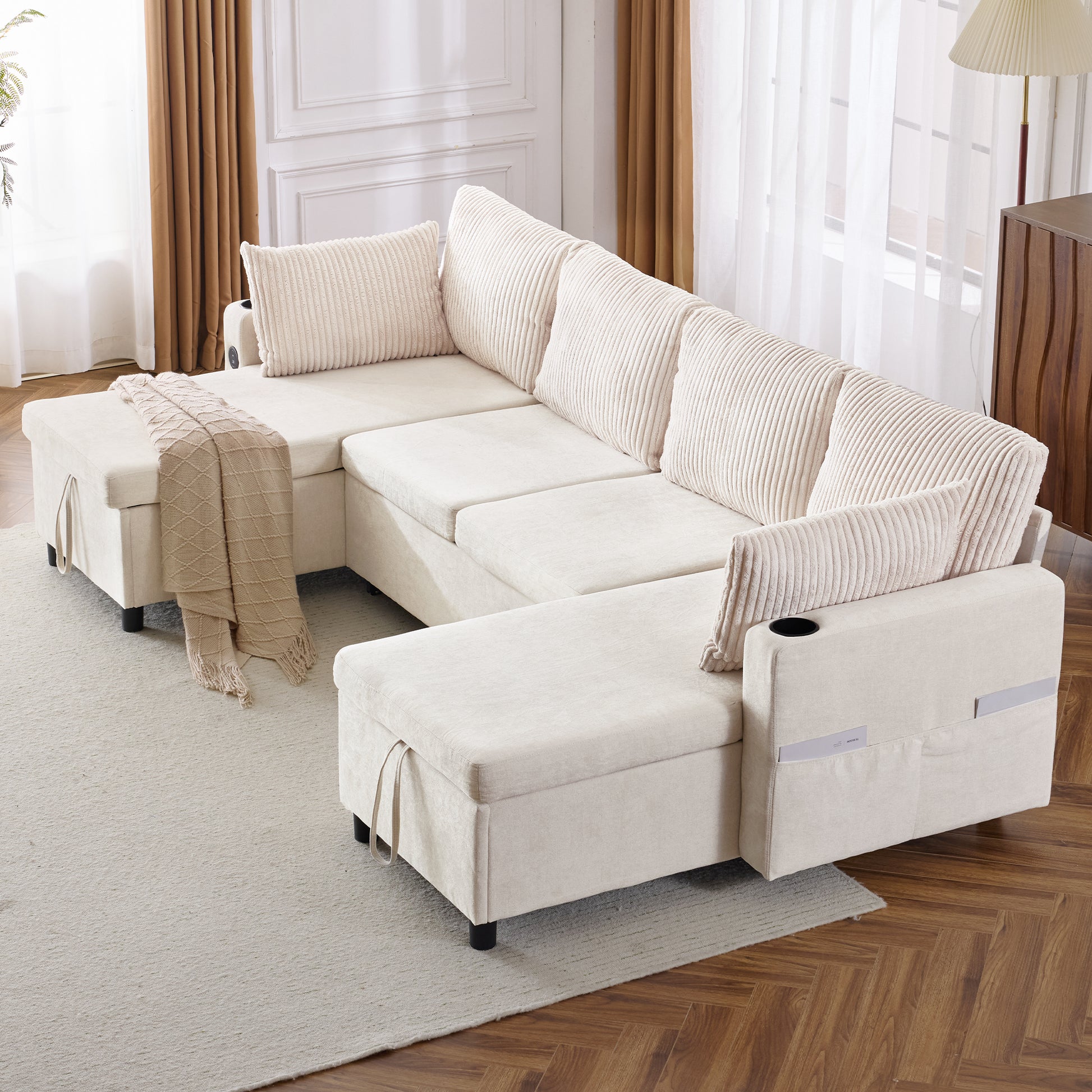 111.8" Sectional Sofa Pull Out Sofa Bed Versatile Sofa Sleeper With Large Storage Space, Two Usb Ports And Two Cup Holders For Living Room, Beige Beige Foam Chenille 4 Seat