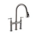 3 Hole Brushed Nickel Bridge Kitchen Faucet With Pull Down Sprayer,2 Handle Faucet For Kitchen Sinks Pull Out Sprayer Kitchen Sink Faucet Brushed Nickel Kitchen Classic,Modern Ceramic Stainless Steel