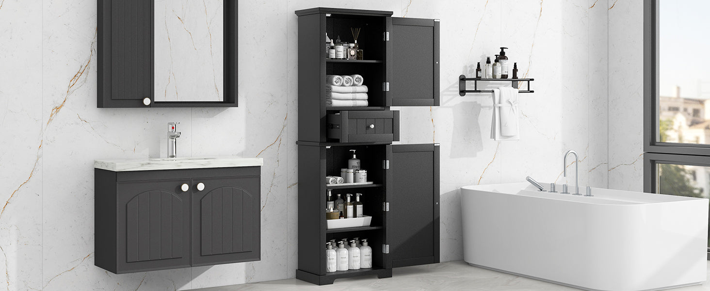 Tall Bathroom Storage Cabinet, Freestanding Storage Cabinet With Drawer And Adjustable Shelf, Mdf Board With Painted Finish, Black Black Mdf