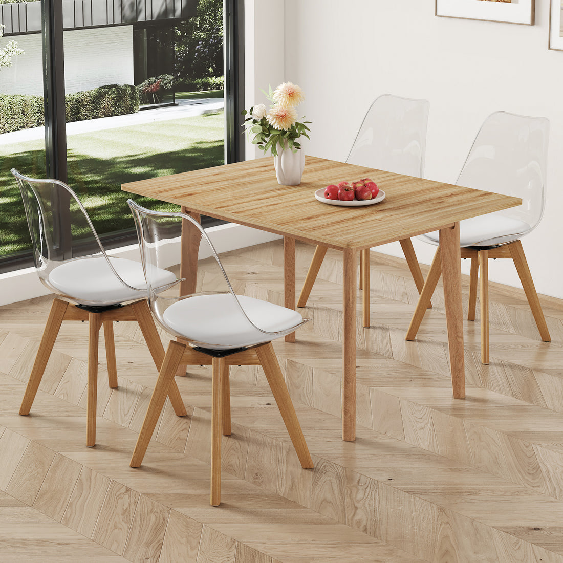 Wood Colored Mfc Desktop With Rubber Wooden Legs, Foldable Computer Desk, Foldable Office Desk, 4 Modern Chairs Can Rotate 360 Degrees,The Seat Cushion Is Made Of Pu Material. Zd 1545 C 1162 Wood Wood